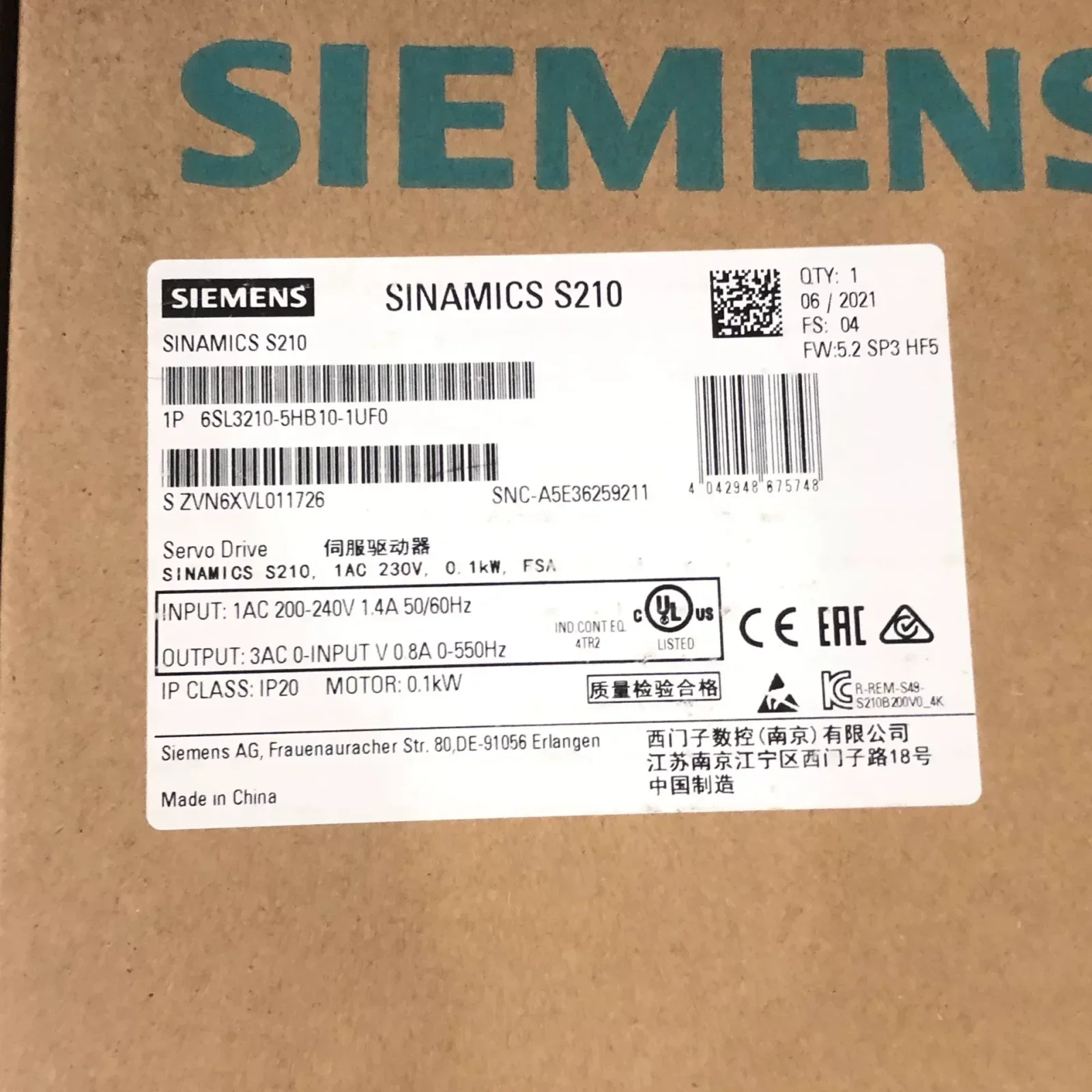 Siemens 6SL3210-5HB10-1UF0 Motor & Drive Component product photo 1