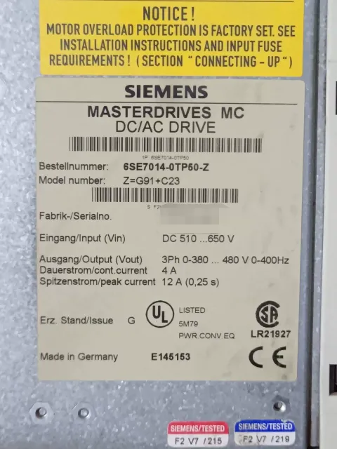 Siemens 6SE7014-0TP50-Z / G91+C23 Motor & Drive Component product photo 2
