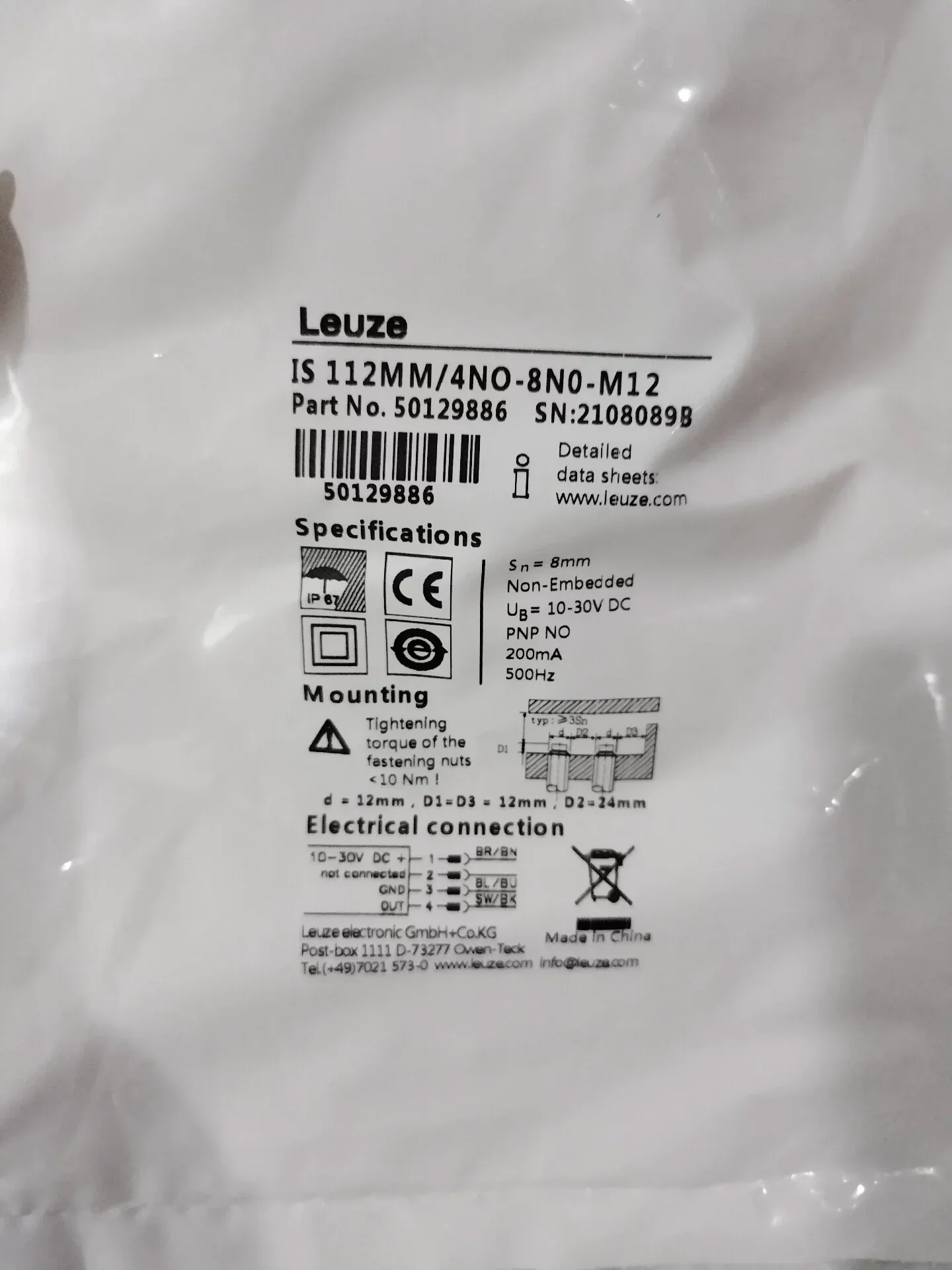 Leuze IS 112MM/4NO-8NO-M12 Industrial Sensor product photo 1